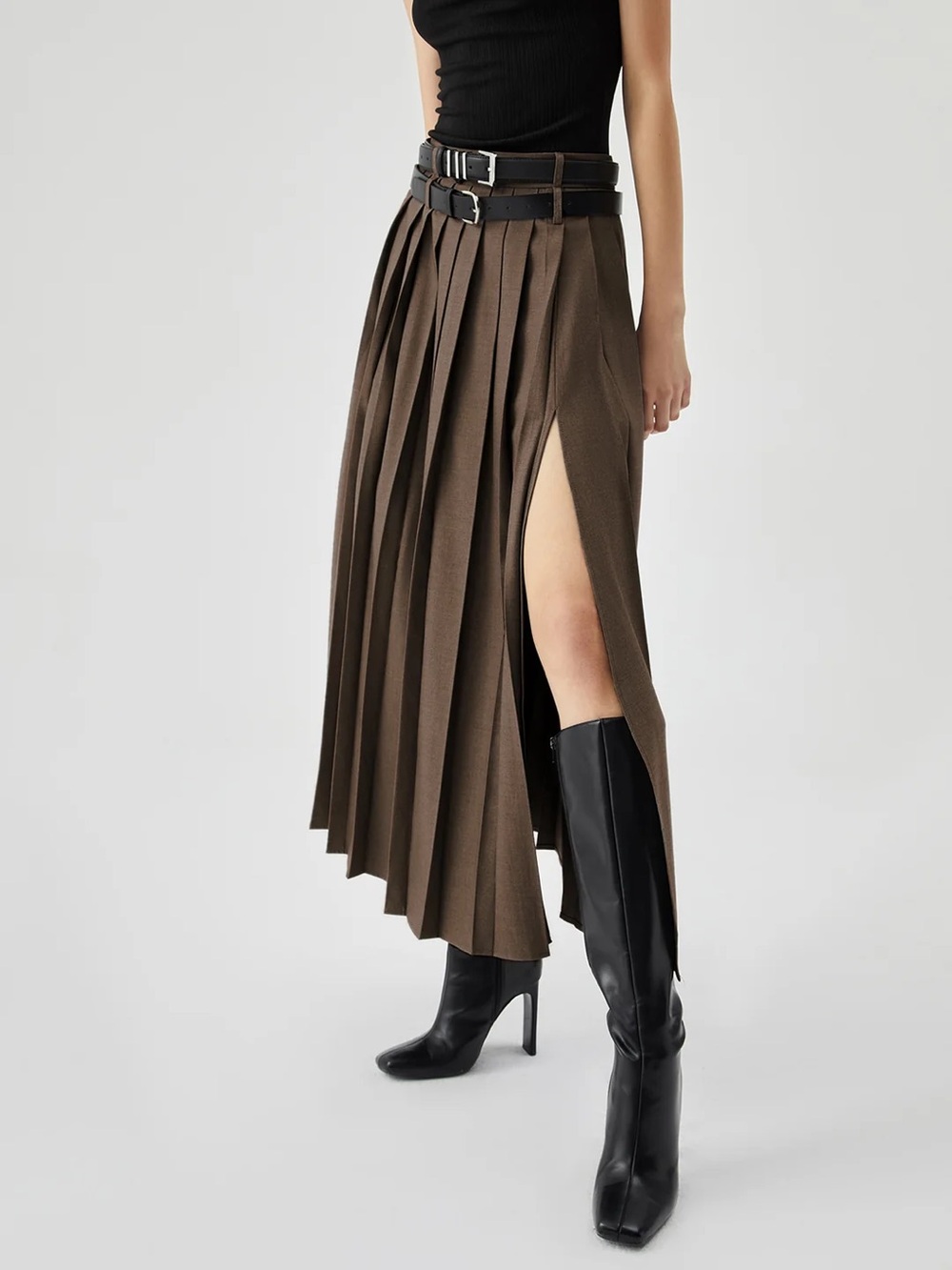 Commense Brown Pleated High-Slit Maxi Skirt XS NWT